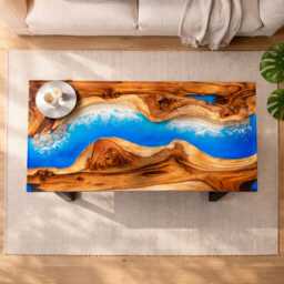 Personalized Blue Ocean Epoxy Resin Table Handmade Live Edge Dining Table - thumbnail 1