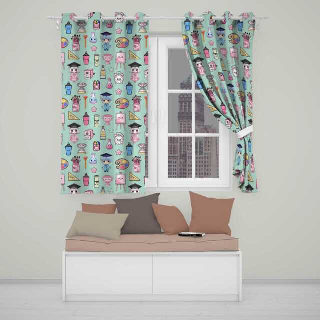 Cute Kawaii Graduation Student Art Supplies Seamless Pattern Readymade Eyelet Ring Top Thermal 100% Blackout Curtains - image 1