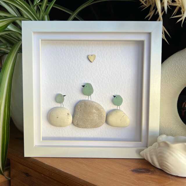 Personalized Pebble Art Family Portrait Sea Glass Birds, Coastal Decor - image 1