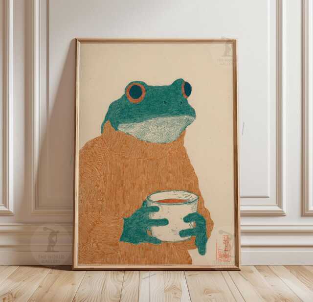Teal Frog With Coffee Poster Print - Mustard Sweater Illustration Art Cozy Wall Decor - image 1