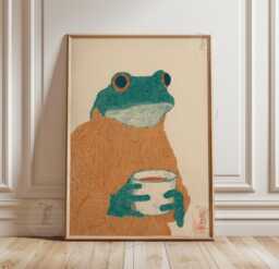 Teal Frog With Coffee Poster Print - Mustard Sweater Illustration Art Cozy Wall Decor - thumbnail 1