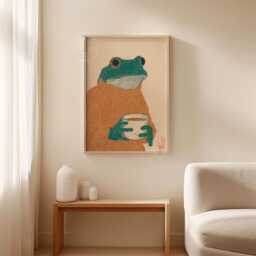 Teal Frog With Coffee Poster Print - Mustard Sweater Illustration Art Cozy Wall Decor - thumbnail 3