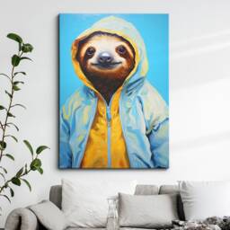 Sloth With Coat Hood Animal Abstract Oil Painting Splatter Style Wall Art, Framed Canvas Poster Print, Home Kitchen Office Room Decor, Gifts - thumbnail 1