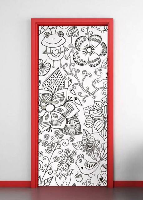 Floral Door Mural, Flowers Wall Sticker, Decor, Hand Drawn Kids Cover Wrap - image 1