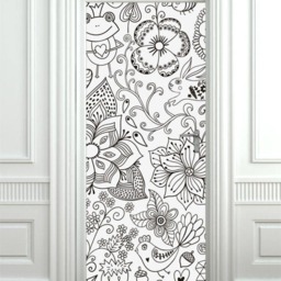 Floral Door Mural, Flowers Wall Sticker, Decor, Hand Drawn Kids Cover Wrap - thumbnail 3