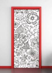 Floral Door Mural, Flowers Wall Sticker, Decor, Hand Drawn Kids Cover Wrap - thumbnail 1