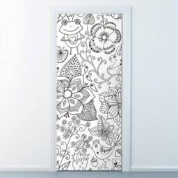 Floral Door Mural, Flowers Wall Sticker, Decor, Hand Drawn Kids Cover Wrap - thumbnail 2