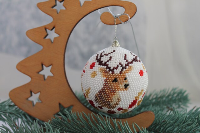 Hand-Knitted Christmas Ornament Beaded Crochet Deer Ball - image 1