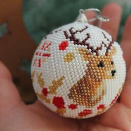 Hand-Knitted Christmas Ornament Beaded Crochet Deer Ball - thumbnail 4