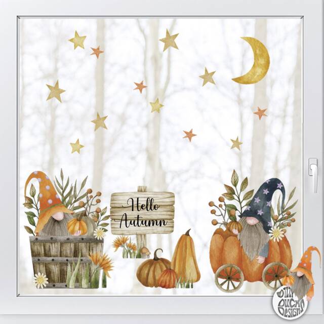 Cute Autumn Gnome Window Clings - Classy Halloween Moon Stars Pumpkin Leaves Decals Fall Decoration By Dizzy Duck - image 1