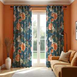 Teal Floral Curtains With Orange Peonies, Botanical Drapes, Made To Measure Window Panels, Custom Eyelet Or Rod Pocket - thumbnail 2
