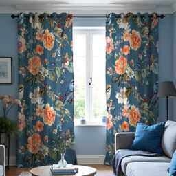 Teal Floral Curtains With Orange Peonies, Botanical Drapes, Made To Measure Window Panels, Custom Eyelet Or Rod Pocket - thumbnail 3