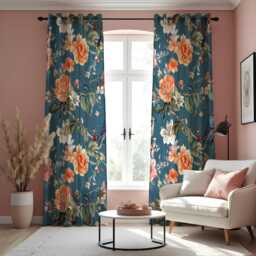 Teal Floral Curtains With Orange Peonies, Botanical Drapes, Made To Measure Window Panels, Custom Eyelet Or Rod Pocket