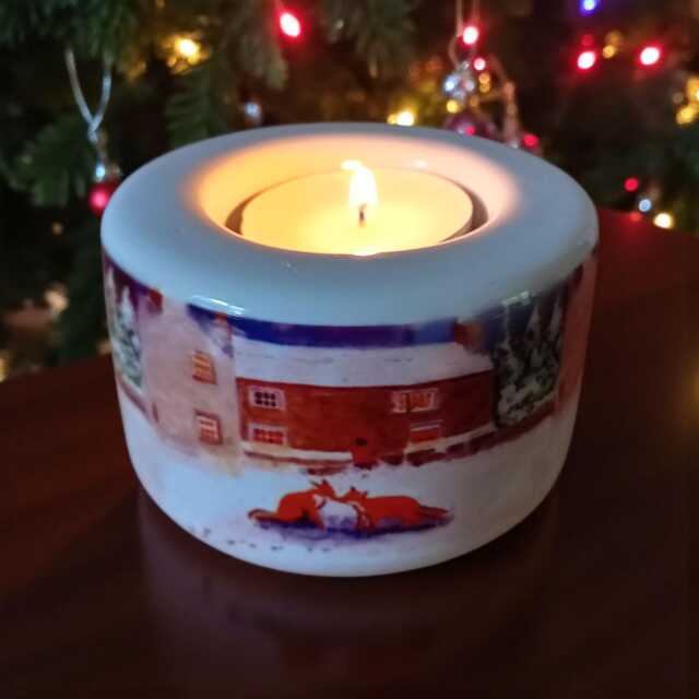 Kissing Foxes Under A Christmas Moon Tealight Candle Holder - Ceramic Hand Printed - image 1