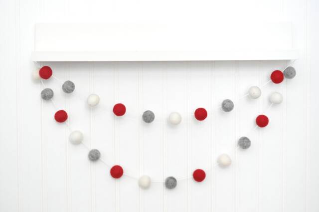 Christmas Fireplace Decoration - Garland For Mantle Wool Felt Balls Red, Heather Gray, & White - image 1