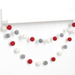 Christmas Fireplace Decoration - Garland For Mantle Wool Felt Balls Red, Heather Gray, & White - thumbnail 3
