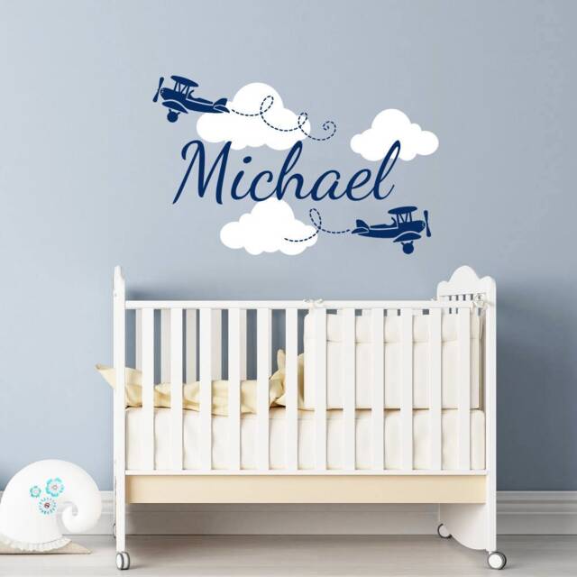 Boy Name Wall Decals Nursery Decor Vinyl Sticker Clouds Biplane Airplane Plane Boys Decal Children Kids Room Art - image 1