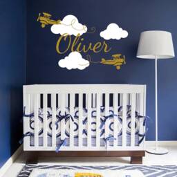 Boy Name Wall Decals Nursery Decor Vinyl Sticker Clouds Biplane Airplane Plane Boys Decal Children Kids Room Art - thumbnail 2