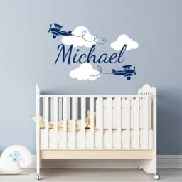 Boy Name Wall Decals Nursery Decor Vinyl Sticker Clouds Biplane Airplane Plane Boys Decal Children Kids Room Art - thumbnail 1