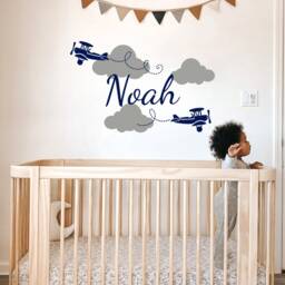 Boy Name Wall Decals Nursery Decor Vinyl Sticker Clouds Biplane Airplane Plane Boys Decal Children Kids Room Art - thumbnail 3