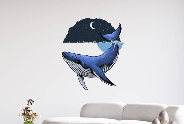 Whale With Moon & Stars Wall Sticker - Nature Art Ocean Mural Sea Nursery Decor Life Thevinylcreations - image 1
