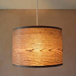 Large 30 cm Drum Walnut Pendant Lampshade, Wooden Ceiling Veneer Shade With Hanging Brown Cord Cable & Woodgrain Decor Cover Plate - thumbnail 2