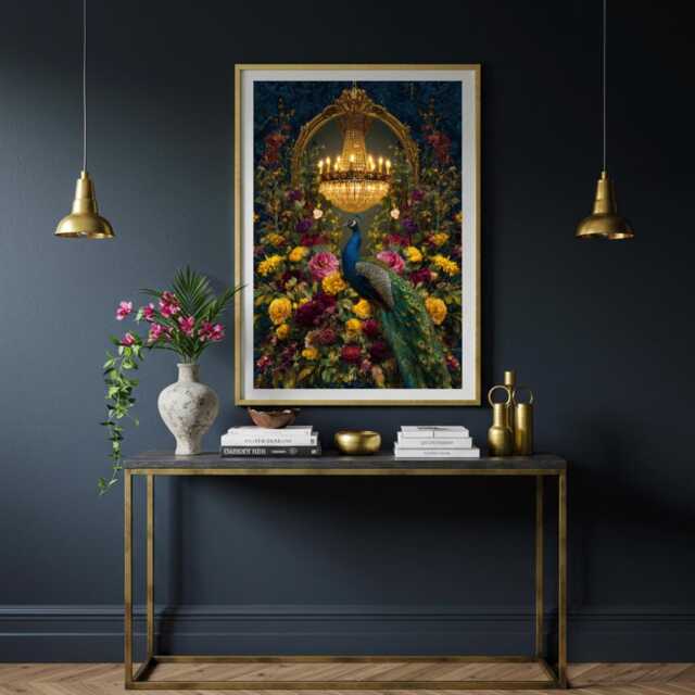 Peacock Chandelier Art Print - Maximalist Floral Wall - image 1