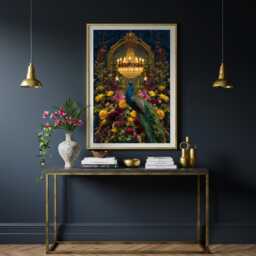 Peacock Chandelier Art Print - Maximalist Floral Wall - thumbnail 1