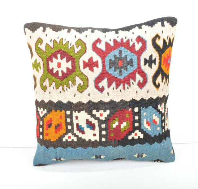 Handmade Kilim Pillow Cover 40x40 cm Anatolian Wool Cushion - image 1