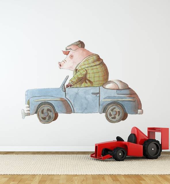 Pig Driving Car Wall Sticker