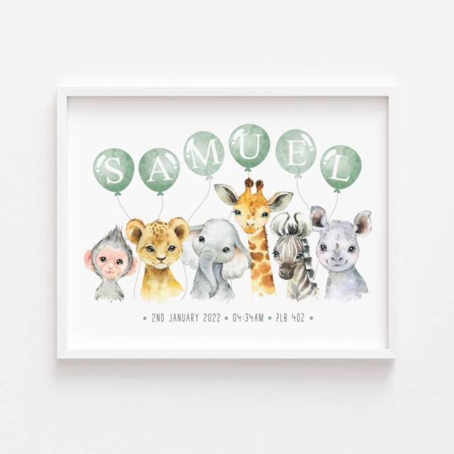 Safari Name Print, Personalised, Birth Details, New Baby Gift, Stats, Animal Bedroom, Jungle Pink, Blue, Green, Multi - image 1
