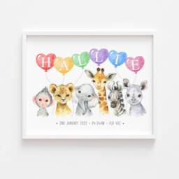 Safari Name Print, Personalised, Birth Details, New Baby Gift, Stats, Animal Bedroom, Jungle Pink, Blue, Green, Multi - thumbnail 3