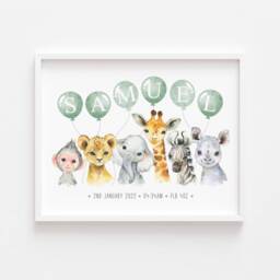 Safari Name Print, Personalised, Birth Details, New Baby Gift, Stats, Animal Bedroom, Jungle Pink, Blue, Green, Multi - thumbnail 1