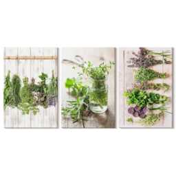 Set Of 3 Canvas Prints - Drying Herbs & Plants For The Kitchen, Green Wall Art Canvas, Flowers Hanging Piece - thumbnail 1