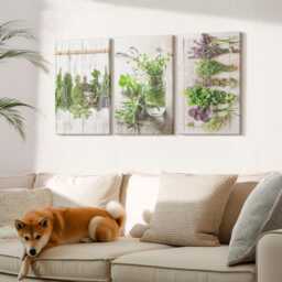Set Of 3 Canvas Prints - Drying Herbs & Plants For The Kitchen, Green Wall Art Canvas, Flowers Hanging Piece - thumbnail 3