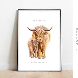 Personalised Highland Cow - Yak Family Print Our Floral Wall Decor Cows Custom Family Print Home Art New Home - thumbnail 2