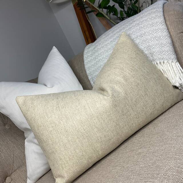"Herringbone Cushion Cover, Beige Cream Decor, Pillow Cover - Design , Wool Blend Double Sided Sofa Bed 12""x20" - image 1