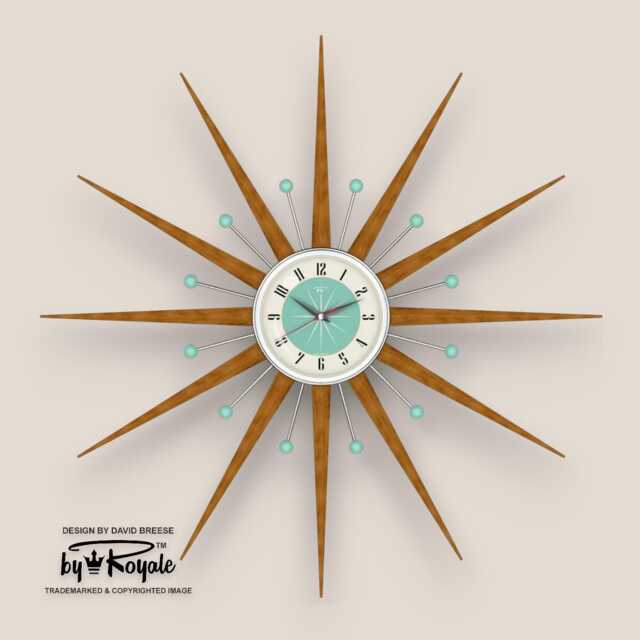 Teak Starburst Clock Mid Century Modern Wall Decor, 30 - image 1