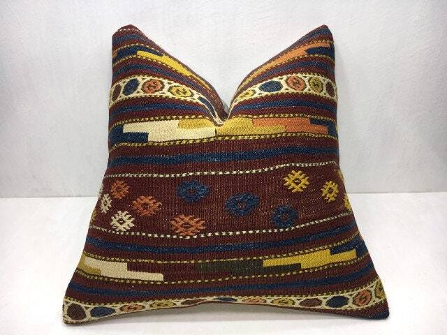 Vintage Handwoven Kilim Pillow Cover, Turkish Accent Cushion - 20x20 - image 1