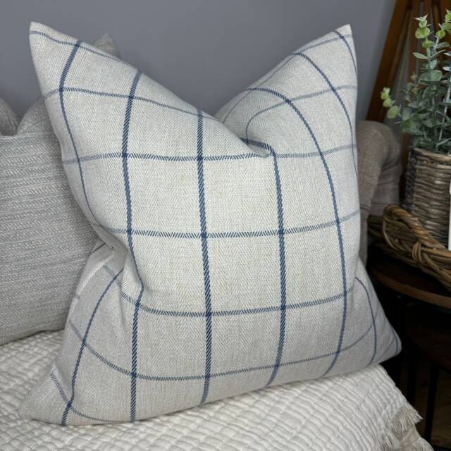 Highland Tartan Check Cushion Cover, Beige Blue Pillow Double Sided, Modern - Countryside Home Decor - image 1