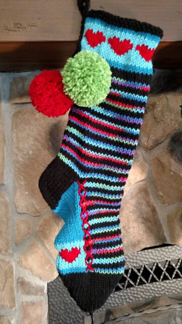 Hand Knit Christmas Stocking Purple Red Blue Green Hearts By Santa's Works - image 1
