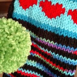 Hand Knit Christmas Stocking Purple Red Blue Green Hearts By Santa's Works - thumbnail 2