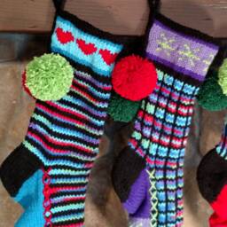Hand Knit Christmas Stocking Purple Red Blue Green Hearts By Santa's Works - thumbnail 3