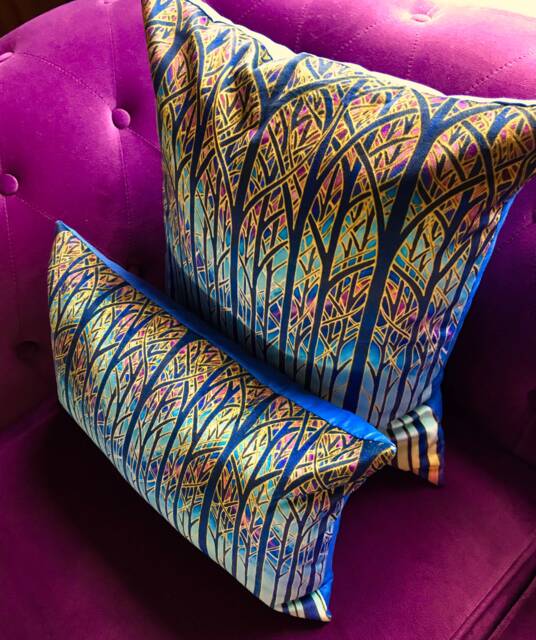 Throw Pillow Cathedral Tree Print - Settee Cushion in Blue Sky Turquoise Purple Gold Statement Sofa Decorative Accent - image 1