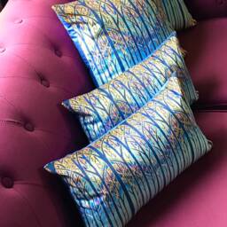 Throw Pillow Cathedral Tree Print - Settee Cushion in Blue Sky Turquoise Purple Gold Statement Sofa Decorative Accent - thumbnail 2