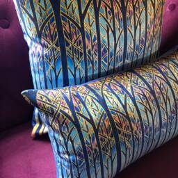 Throw Pillow Cathedral Tree Print - Settee Cushion in Blue Sky Turquoise Purple Gold Statement Sofa Decorative Accent - thumbnail 3