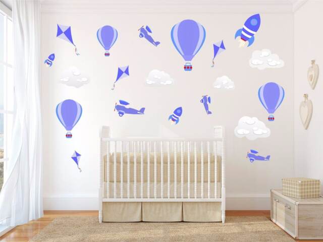 Hot Air Balloons Kites Planes Rockets Clouds Wall Art Sticker Kit Decal Mural Graphic Cute Nursery Boys - image 1