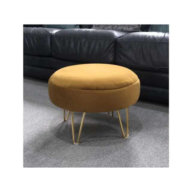 Mustard Velvet Round Footstool - Golden Metal Legs, 30cm Ottoman - image 1