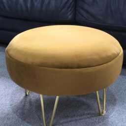 Mustard Velvet Round Footstool - Golden Metal Legs, 30cm Ottoman - thumbnail 2