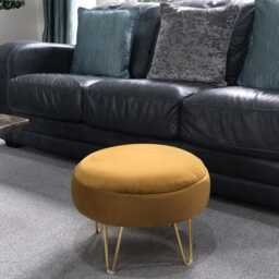Mustard Velvet Round Footstool - Golden Metal Legs, 30cm Ottoman - thumbnail 3